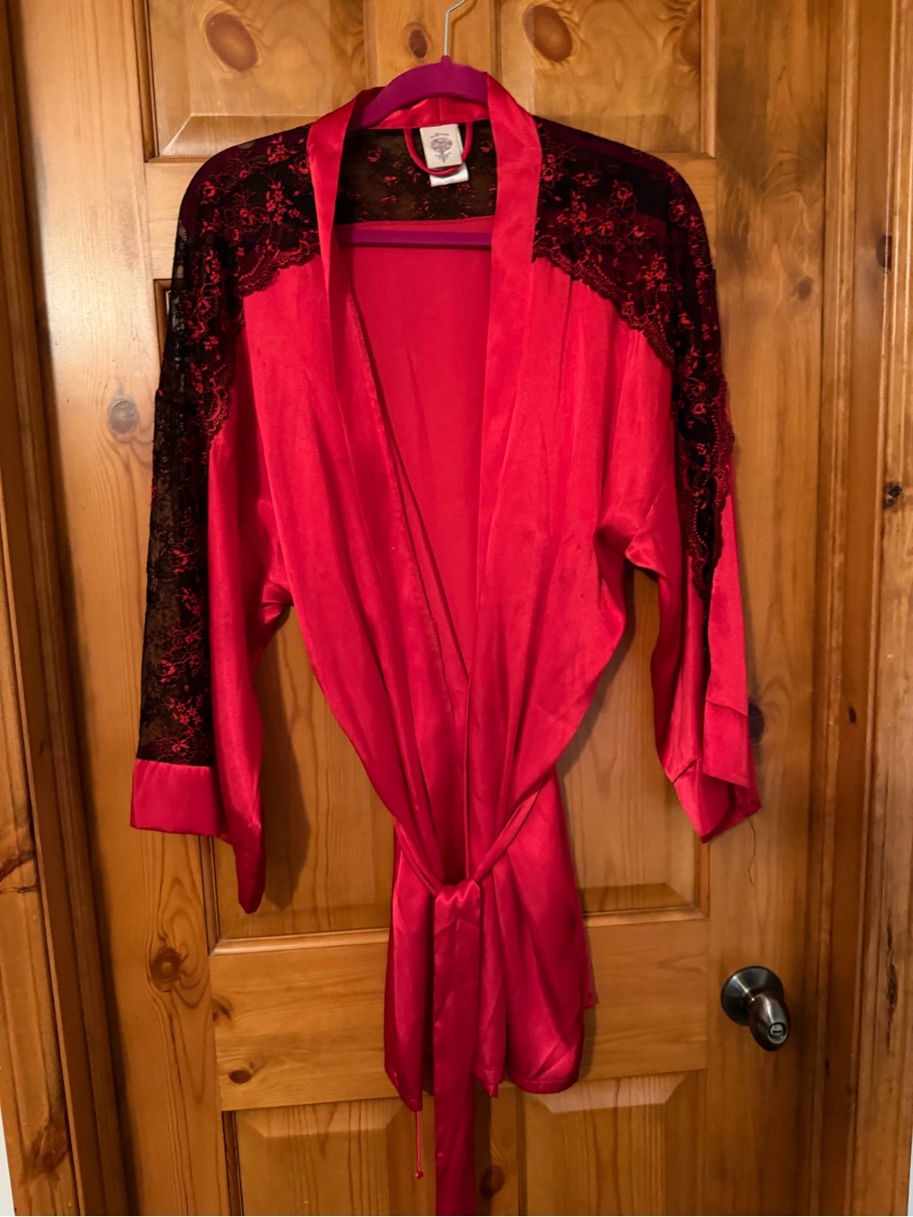 In Bloom Red Satin Kimono Robe with Black Lace